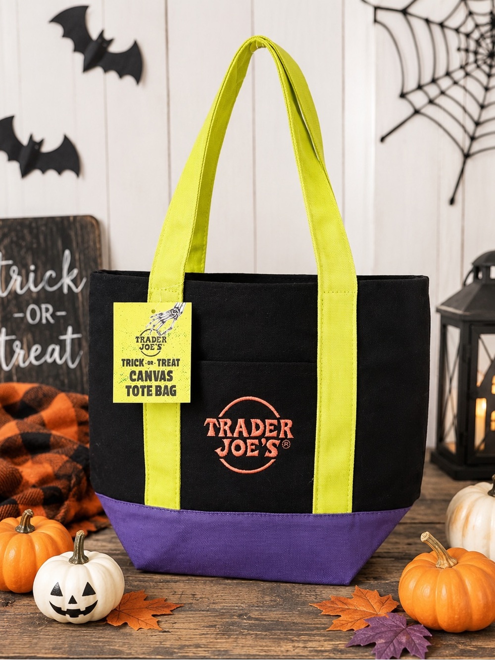 Trader Joe's Black Canvas Tote with Lime Handles and Purple Base